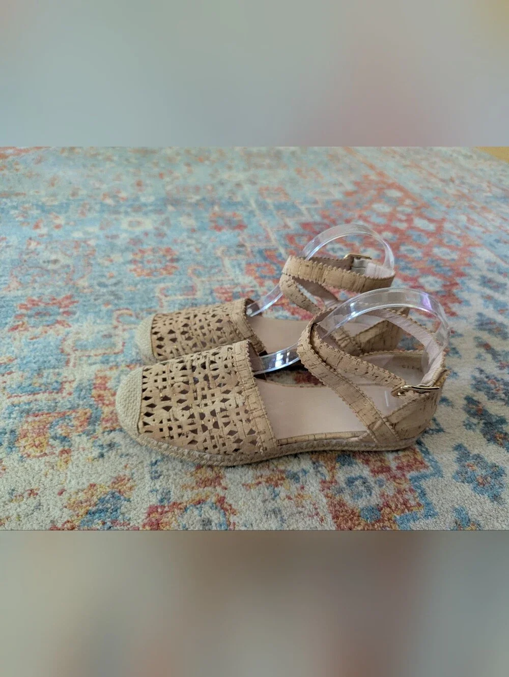 Stuart Weitzman Womens 9.5 M Ozarks Gold Fleck Cork Espadrille Flats Ankle Strap